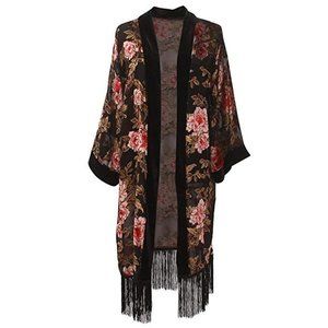 KIMONO Velvet Burnout floral long fringe cardigan